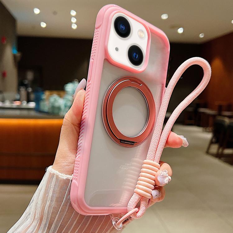 For iPhone 14 Plus / 15 Plus Solid Color Edge Transparency Rotation Holder MagSafe Phone Case with Wrist Strap(Pink)