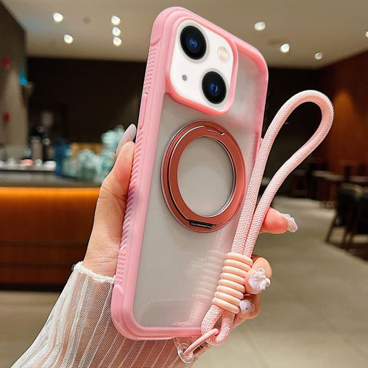 For iPhone 14 Plus / 15 Plus Solid Color Edge Transparency Rotation Holder MagSafe Phone Case with Wrist Strap(Pink)