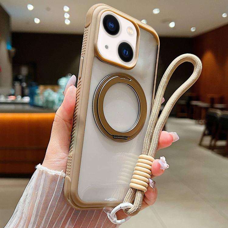 For iPhone 15 / 14 / 13 Solid Color Edge Transparency Rotation Holder MagSafe Phone Case with Wrist Strap(Brown)