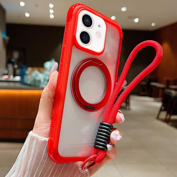 For iPhone 12 / 12 Pro Solid Color Edge Transparency Rotation Holder MagSafe Phone Case with Wrist Strap(Red)
