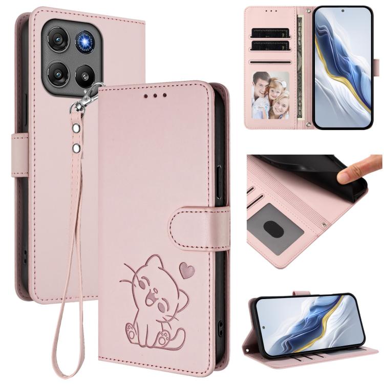 For Motorola Moto G67 Power 5G Embossed Heart Cat Leather Phone Case with Hand Strap(Pink)