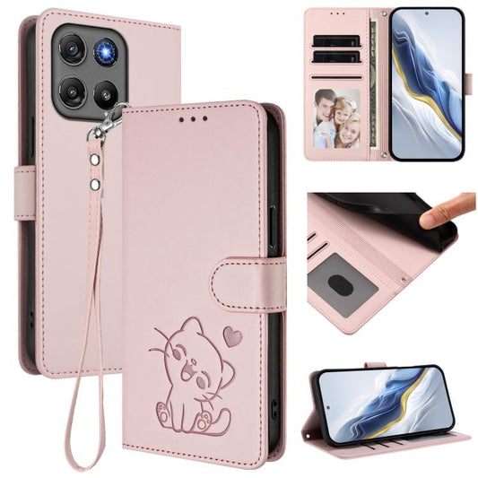 For Motorola Moto G67 Power 5G Embossed Heart Cat Leather Phone Case with Hand Strap(Pink)