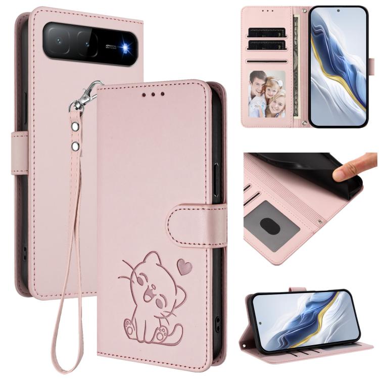 For Tecno Spark Go 5G 2025 / Hot 60i 5G Embossed Heart Cat Leather Phone Case with Hand Strap(Pink)
