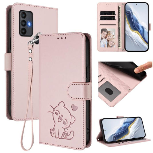For TCL 30 SE Embossed Heart Cat Leather Phone Case with Hand Strap(Pink)