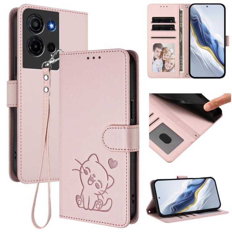 For TCL K32 5G / K33 5G Embossed Heart Cat Leather Phone Case with Hand Strap(Pink)