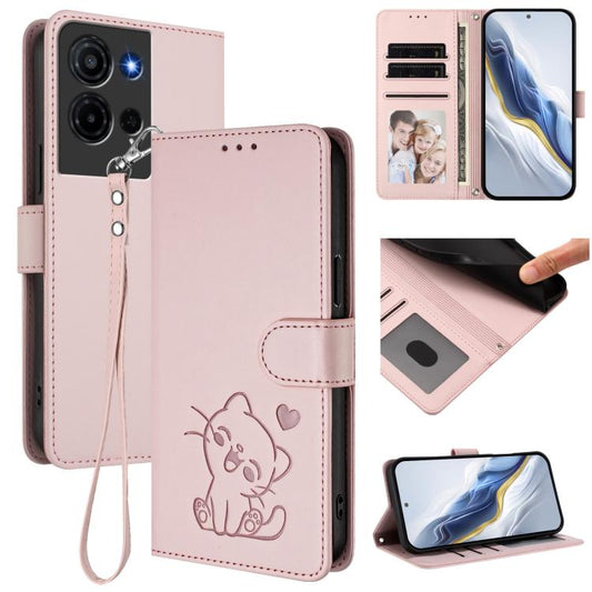 For TCL K32 5G / K33 5G Embossed Heart Cat Leather Phone Case with Hand Strap(Pink)