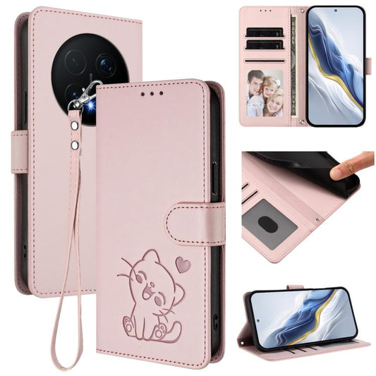 For Honor Magic8 Pro Embossed Heart Cat Leather Phone Case with Hand Strap(Pink)