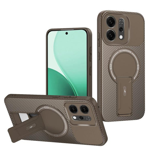 For OPPO Reno14 5G Global Carbon Fiber Texture MagSafe Phone Case with Holder(Brown)