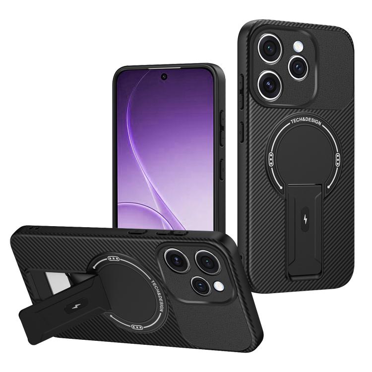 For OPPO Reno15 Pro 5G Global Carbon Fiber Texture MagSafe Phone Case with Holder(Black)