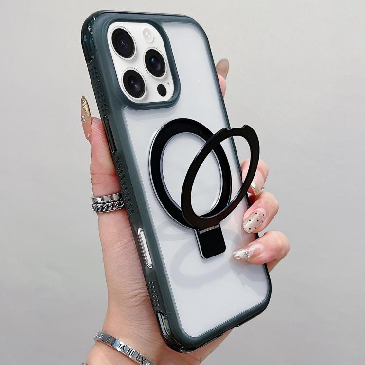 For iPhone 16 Pro Max Translucent Edge Transparency Metal Holder MagSafe Phone Case(Black)
