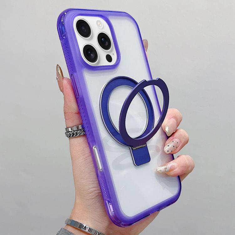 For iPhone 16 Pro Translucent Edge Transparency Metal Holder MagSafe Phone Case(Purple)