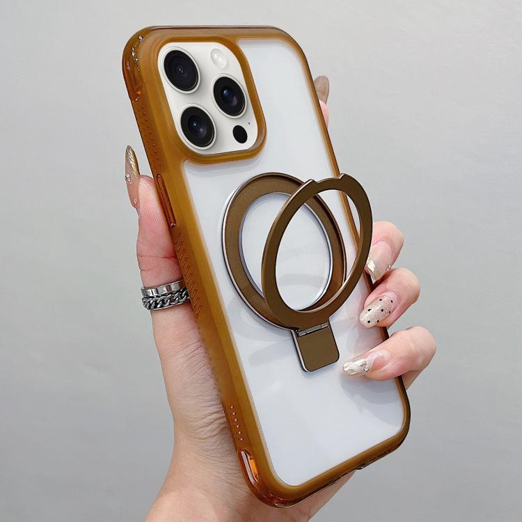 For iPhone 15 Pro Max Translucent Edge Transparency Metal Holder MagSafe Phone Case(Coffee)