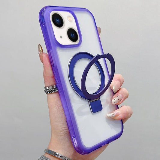 For iPhone 15 / 14 / 13 Translucent Edge Transparency Metal Holder MagSafe Phone Case(Purple)