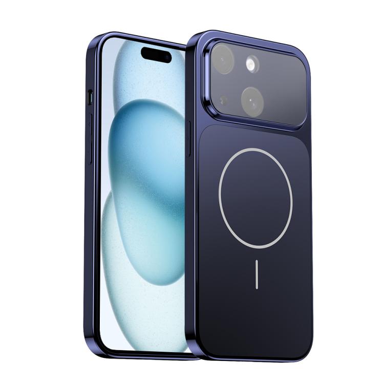For iPhone 15 Corning Glass Plating Large Window MagSafe Phone Case(Blue)
