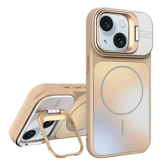 For iPhone 15 AG Frosted Lens Holder MagSafe Phone Case(Desert Gold)