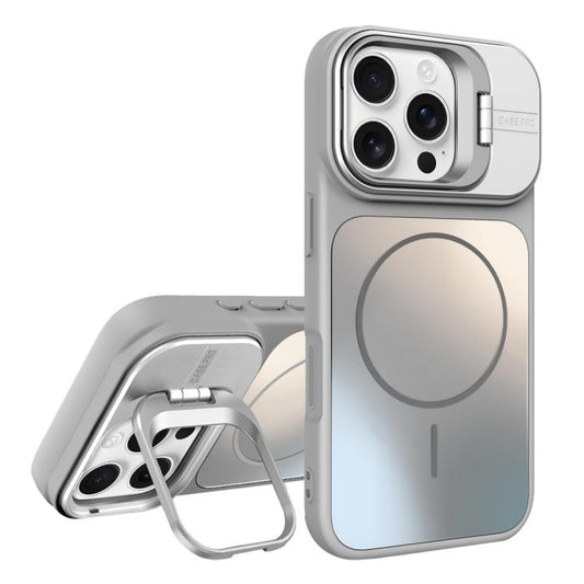 For iPhone 16 Pro AG Frosted Lens Holder MagSafe Phone Case(Titanium Silver)