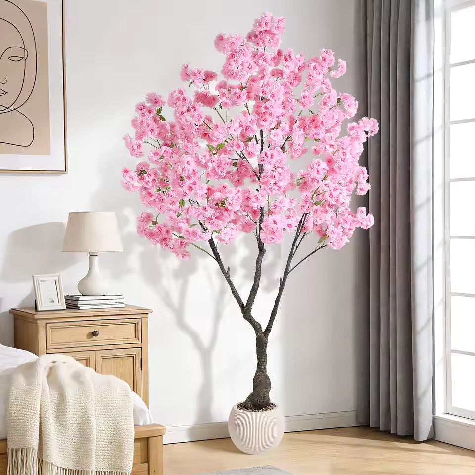 5ft pink artificial cherry blossom tree with realistic silk flowers and adjustable branches for coffee shop and wedding party decoration.