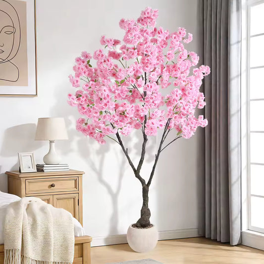 5ft pink artificial cherry blossom tree with realistic silk flowers and adjustable branches for coffee shop and wedding party decoration.