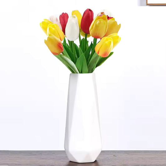 Modern Geometric White Ceramic Vase | Minimalist Tabletop Centerpiece (8")