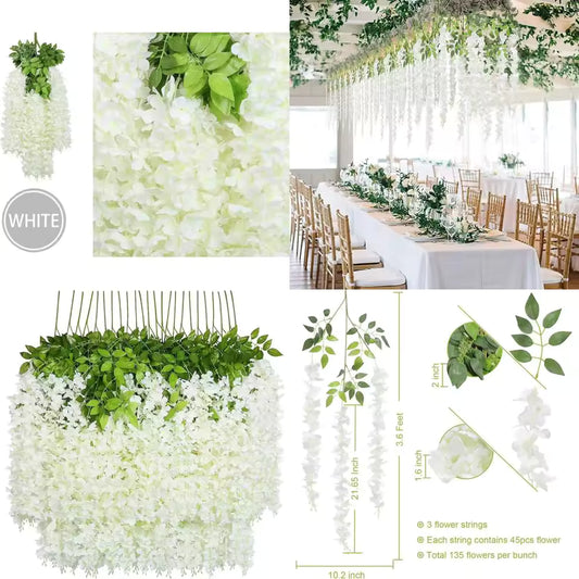 Collage of artificial white flowers and green leaves with measurements and details.