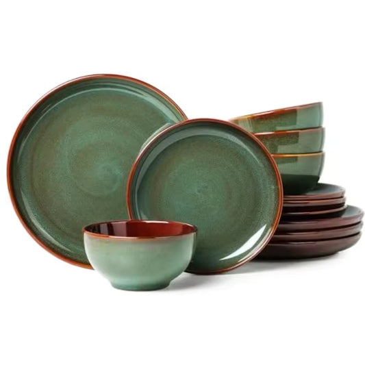 12-piece rustic green stoneware dinnerware set with dark brown rims, including 10-inch dinner plates, 8-inch salad plates, and deep cereal bowls.