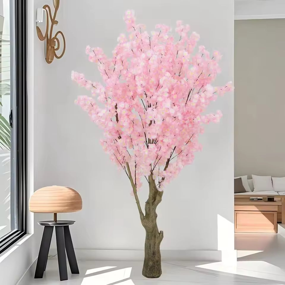 7ft pink artificial cherry blossom tree with realistic brown stump-shaped cement base for wedding and event decor.