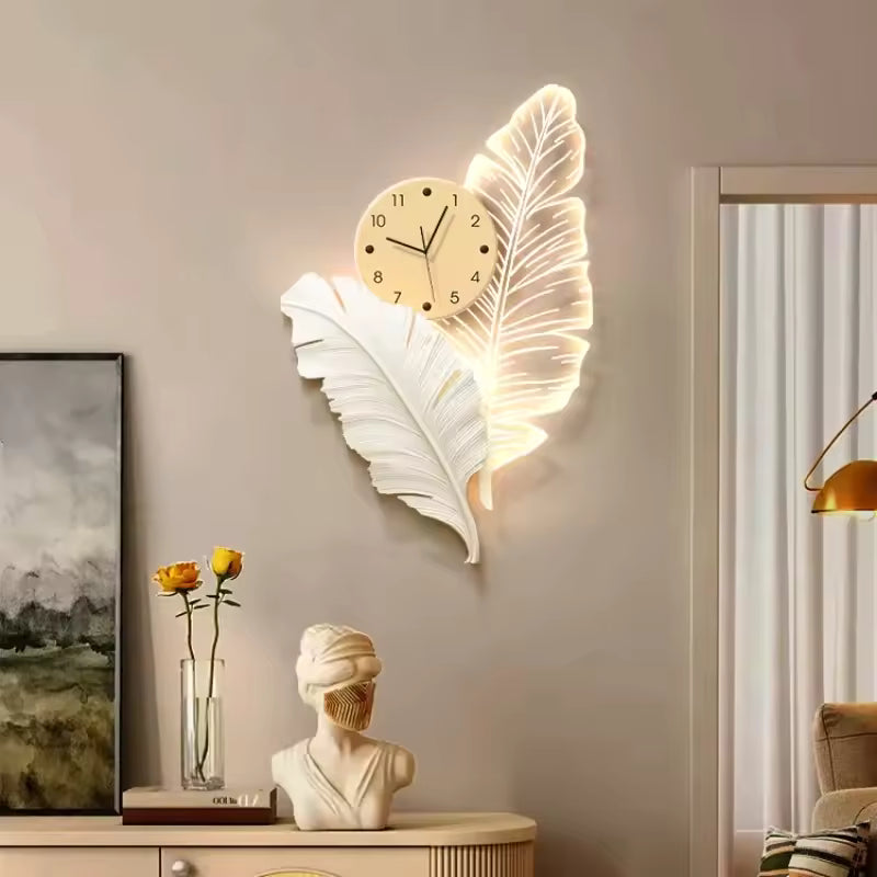 Illuminated Feather LED Wall Clock | Silent Botanical Ambient Light (85x56cm)