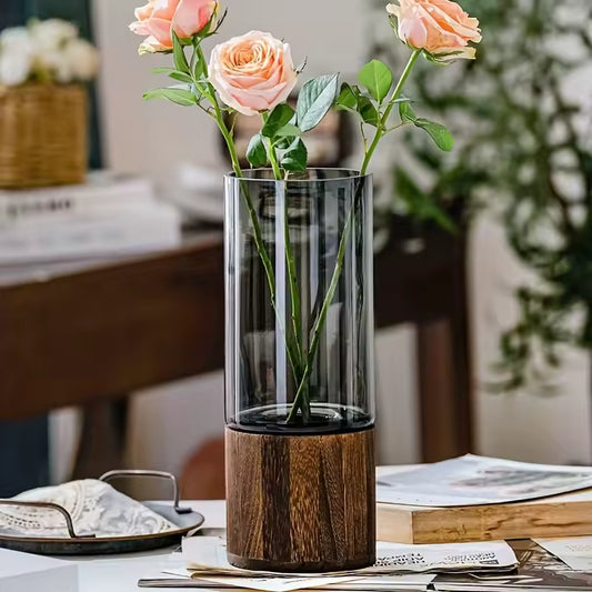 Minimalist Glass & Wood Cylinder Vase | Modern Tabletop Decor