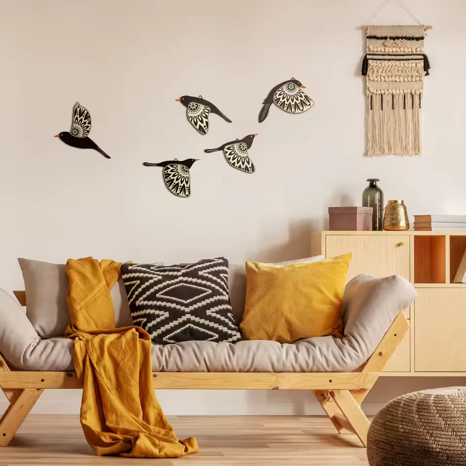 Aesthetic Scandinavian Flying Birds Wooden Wall Art | Rustic Folk Decor - Set of 5