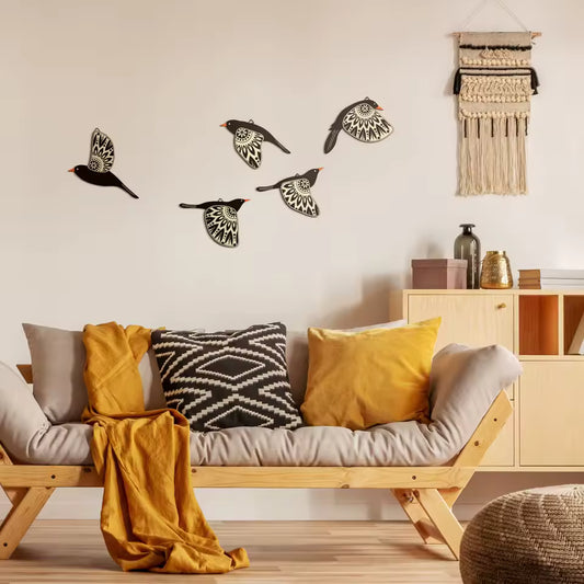 Aesthetic Scandinavian Flying Birds Wooden Wall Art | Rustic Folk Decor - Set of 5