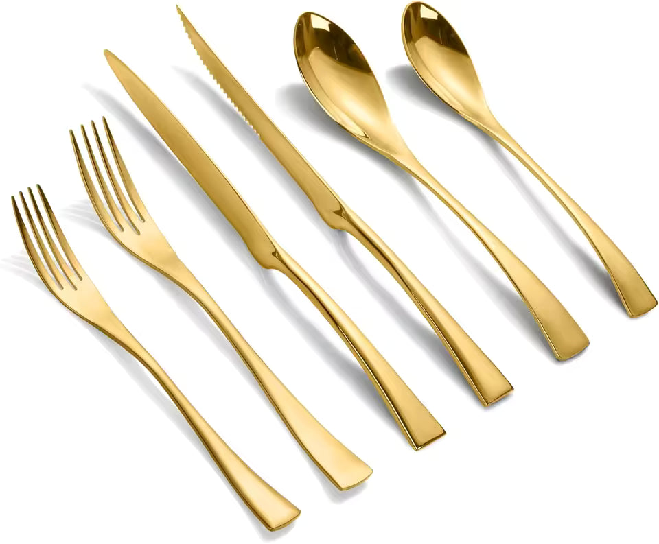24-piece premium gold silverware set including steak knives, forks, and spoons for 4 guests, made from forged 18/10 stainless steel with a mirror finish.