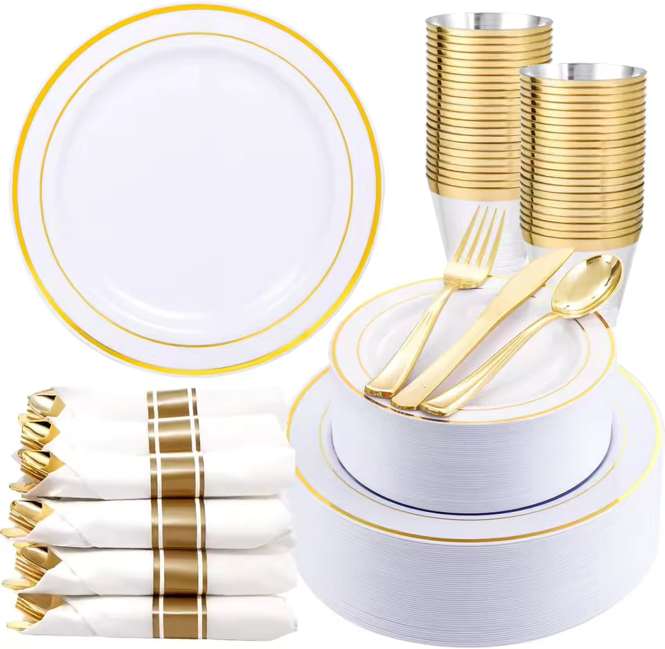 350-piece premium white and gold disposable plastic dinnerware set for 50 guests featuring plates, gold cutlery, napkins, and cups for formal events.
