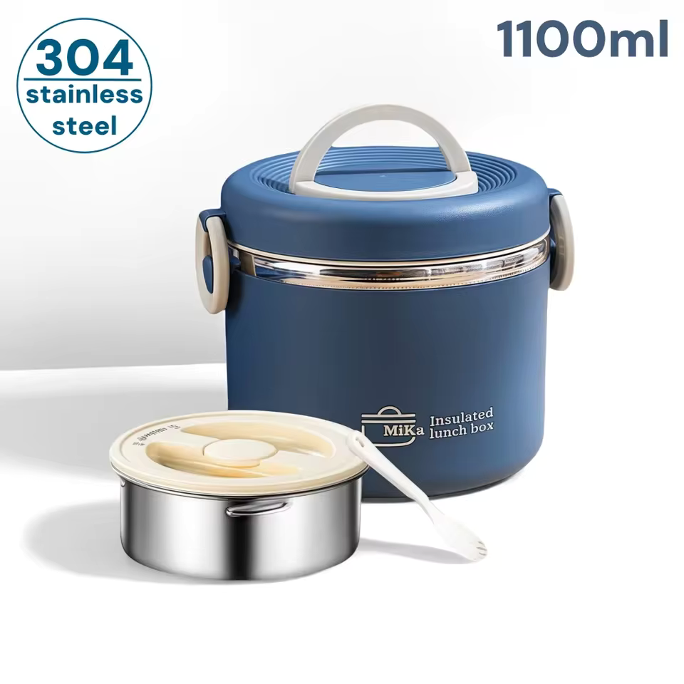 Blue 1100ml double-walled thermal food jar with a white handle, an insulated carrying bag, and a stainless steel interior shown with hot food.