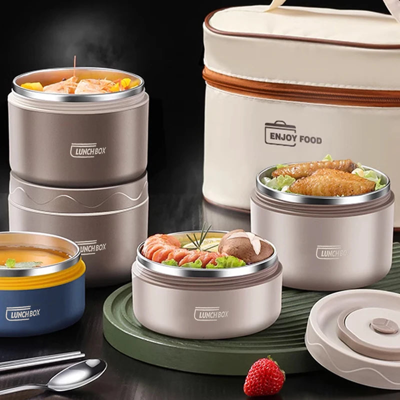 Insulated round bento box set in khaki and blue, including 316L stainless steel containers, an insulated bag, and travel cutlery.