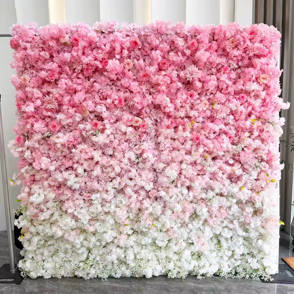 Large 1.8m x 2m pink and white ombre simulation cherry blossom flower wall for professional wedding and photography backdrop.
