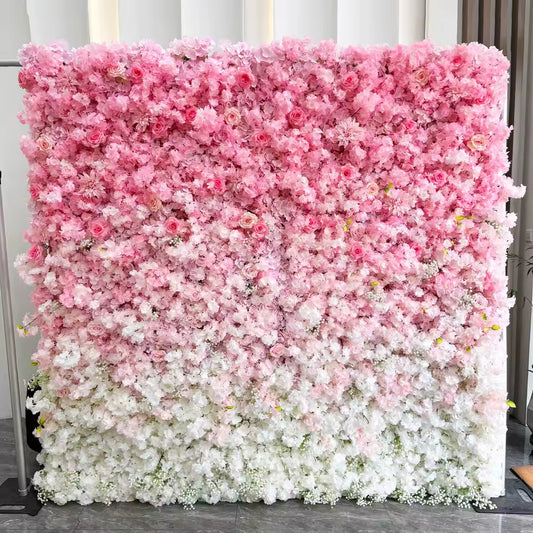 Large 1.8m x 2m pink and white ombre simulation cherry blossom flower wall for professional wedding and photography backdrop.