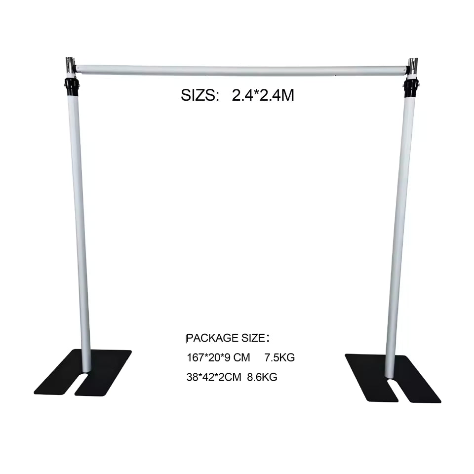 Professional silver adjustable backdrop stand with heavy-duty black weighted bases for 1.8m x 2m and 2.4m x 2.4m flower wall installations.