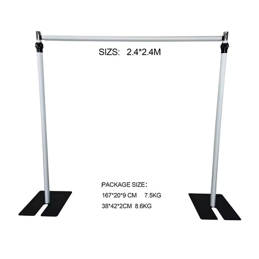 Professional silver adjustable backdrop stand with heavy-duty black weighted bases for 1.8m x 2m and 2.4m x 2.4m flower wall installations.