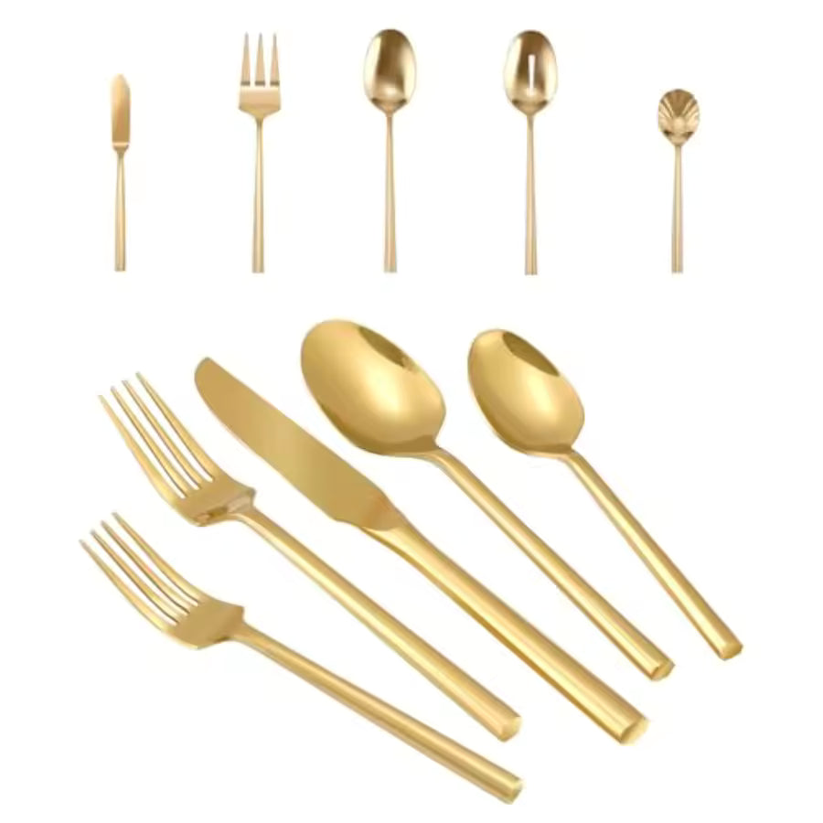 45-piece premium gold stainless steel flatware set featuring service for 8 and 5 serving utensils with a heavy mirror-polished finish.