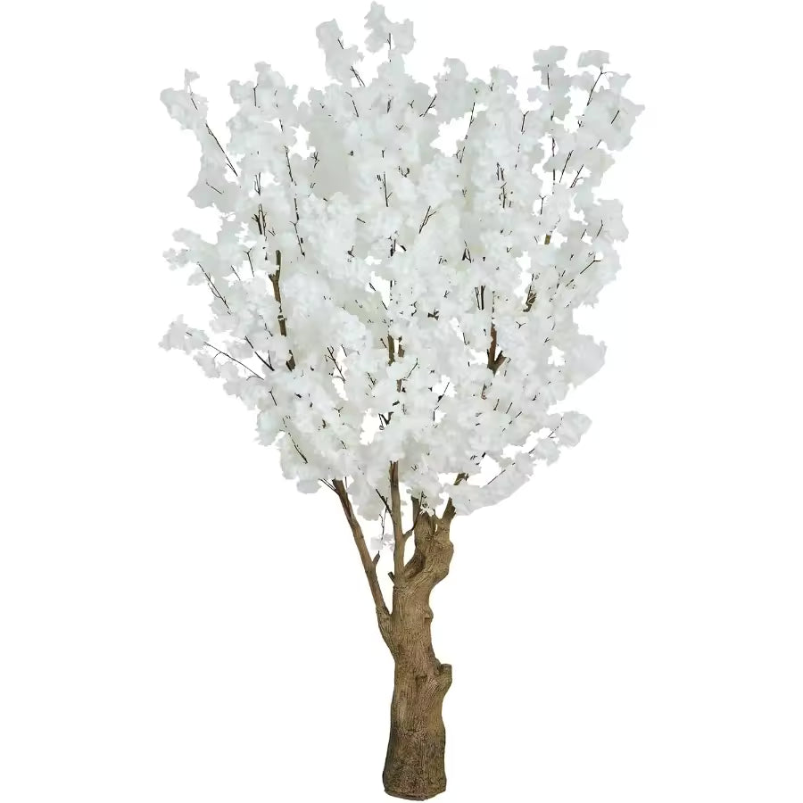 7ft white artificial cherry blossom tree with fluffy detachable petals, textured faux wood trunk, and reinforced iron base for wedding backdrops and office decor.