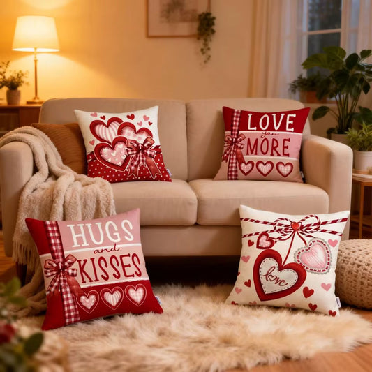 4-Piece Valentine's Day Pillow Covers | Romantic Heart Accent Decor (40x40cm)