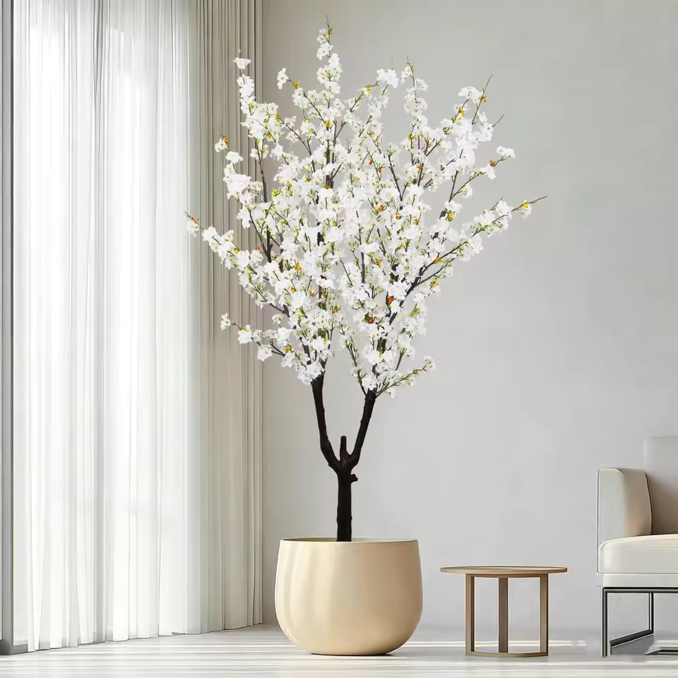 6ft tall white artificial cherry blossom tree with sturdy branches for lights and handmade white flowers for wedding and office decor