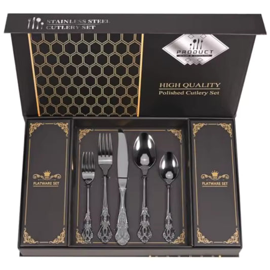 40-piece retro royal black silverware set with vintage patterns and mirror finish, featuring knives, forks, and spoons for 8 guests in a luxury gift box.