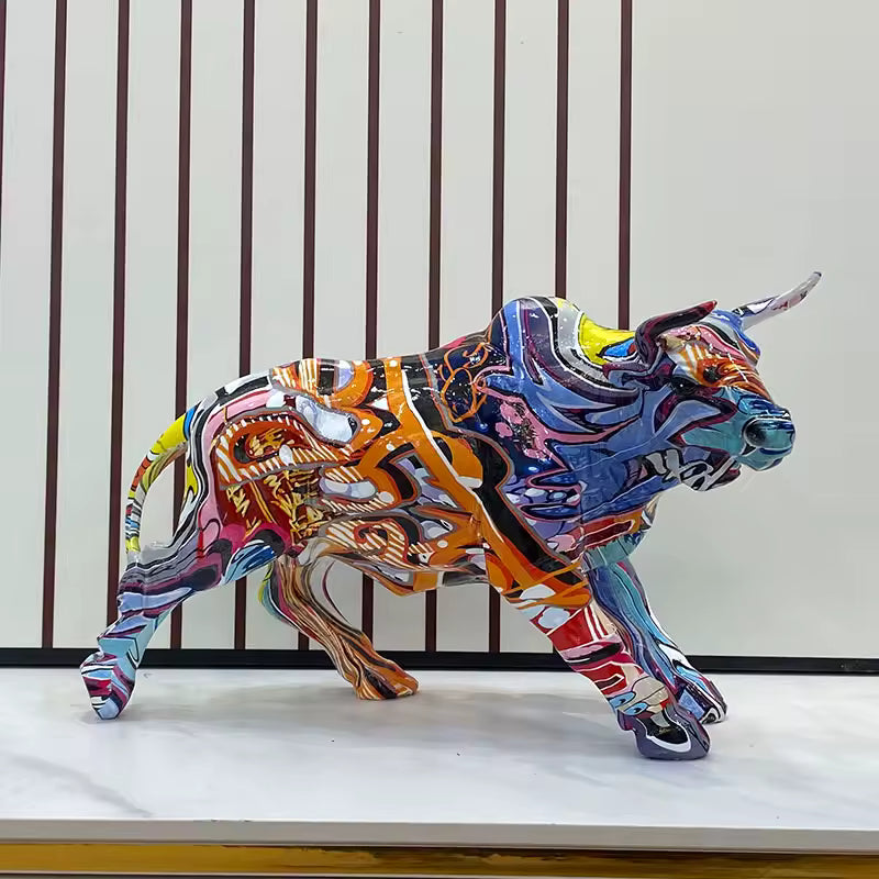 Graffiti Street Art Charging Bull | Modern Resin Desk Sculpture (28.5cm)