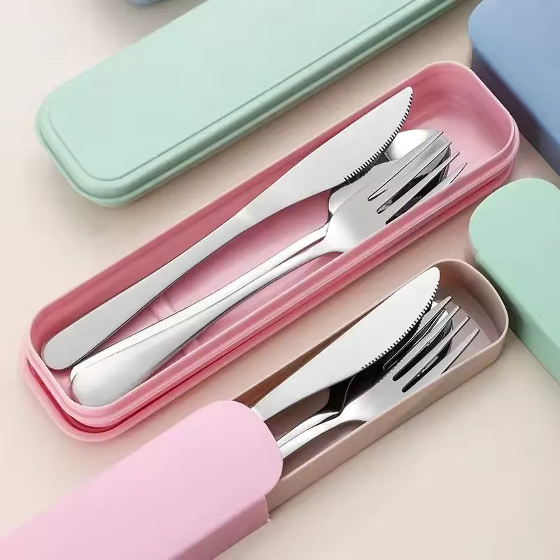 3-piece portable stainless steel travel cutlery set with a colorful protective case for office and outdoor dining