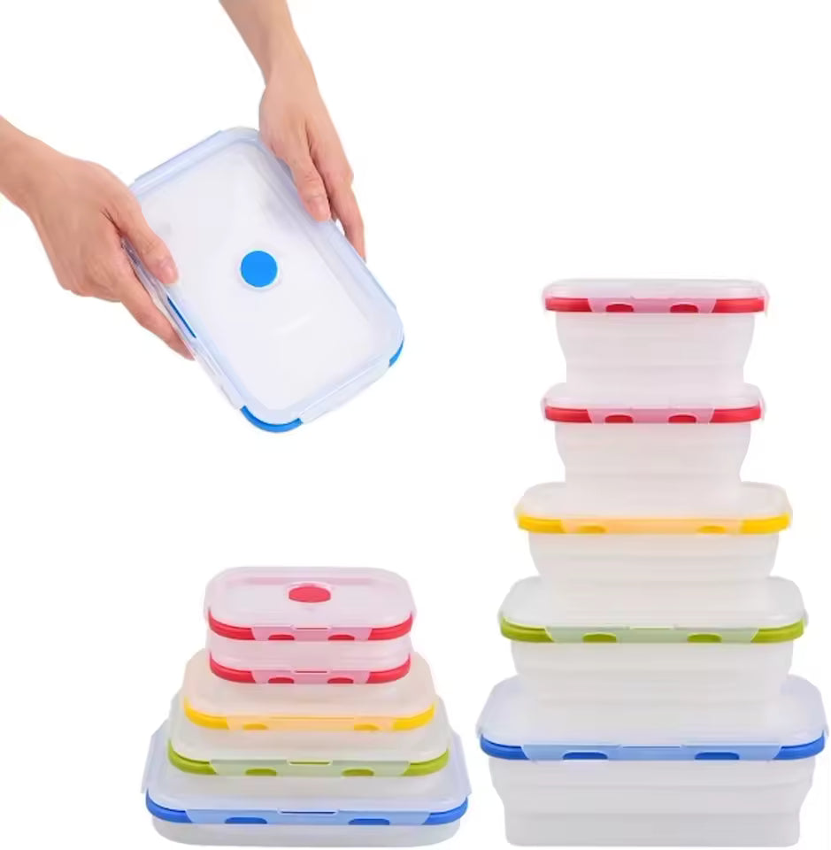 Five stackable and collapsible silicone food containers in different colors and sizes, showing how they save space in a kitchen.