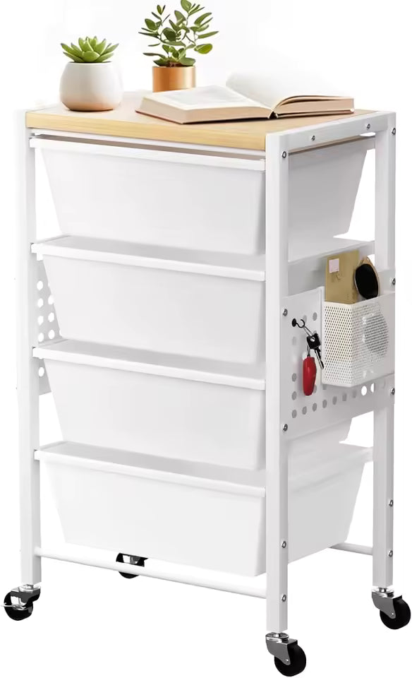 White mobile 4-drawer storage cart with a light wood top, side pegboard, and lockable wheels, used as an office organizer.