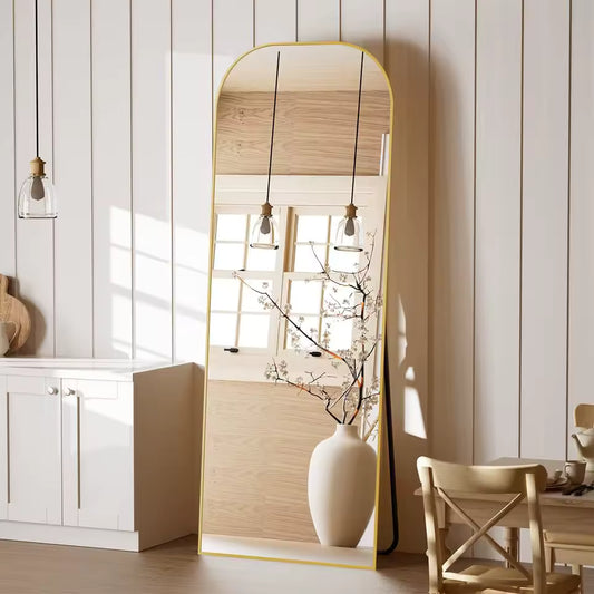 Elegant Gold Movable Full-Length Mirror | Wheeled Tempered Glass (165x60cm)