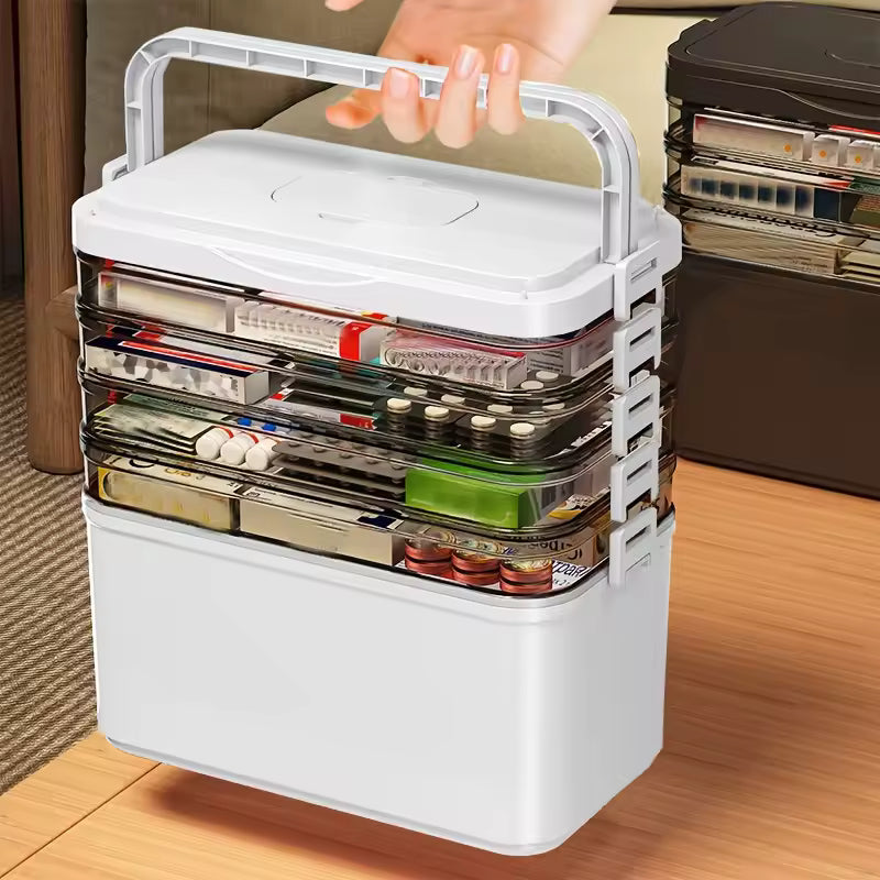 Large white and transparent three-layer storage box with a sturdy handle, filled with colorful art supplies and medicines.