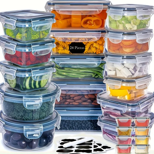 Massive 48-piece food storage set featuring 24 clear plastic containers with blue airtight locking lids, filled with various vegetables, nuts, and pasta.